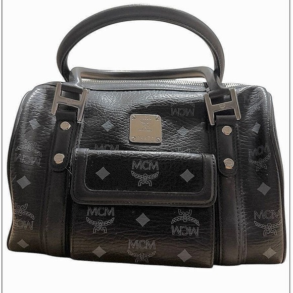 MCM Vintage Black Visetos Boston Leather Designer Handbag with Silver Hardware - Picture 1 of 12
